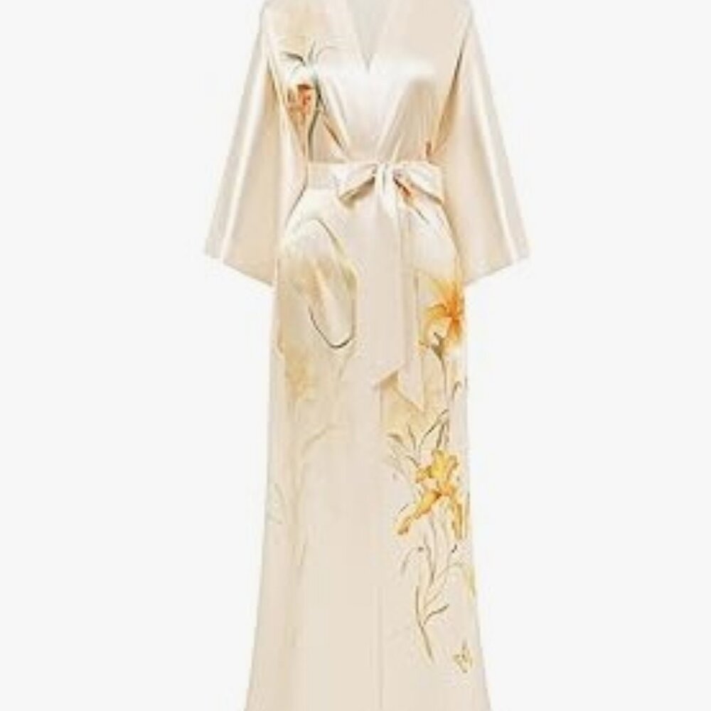 Cream Long Poly Satin Kimono with Tiger Lillies